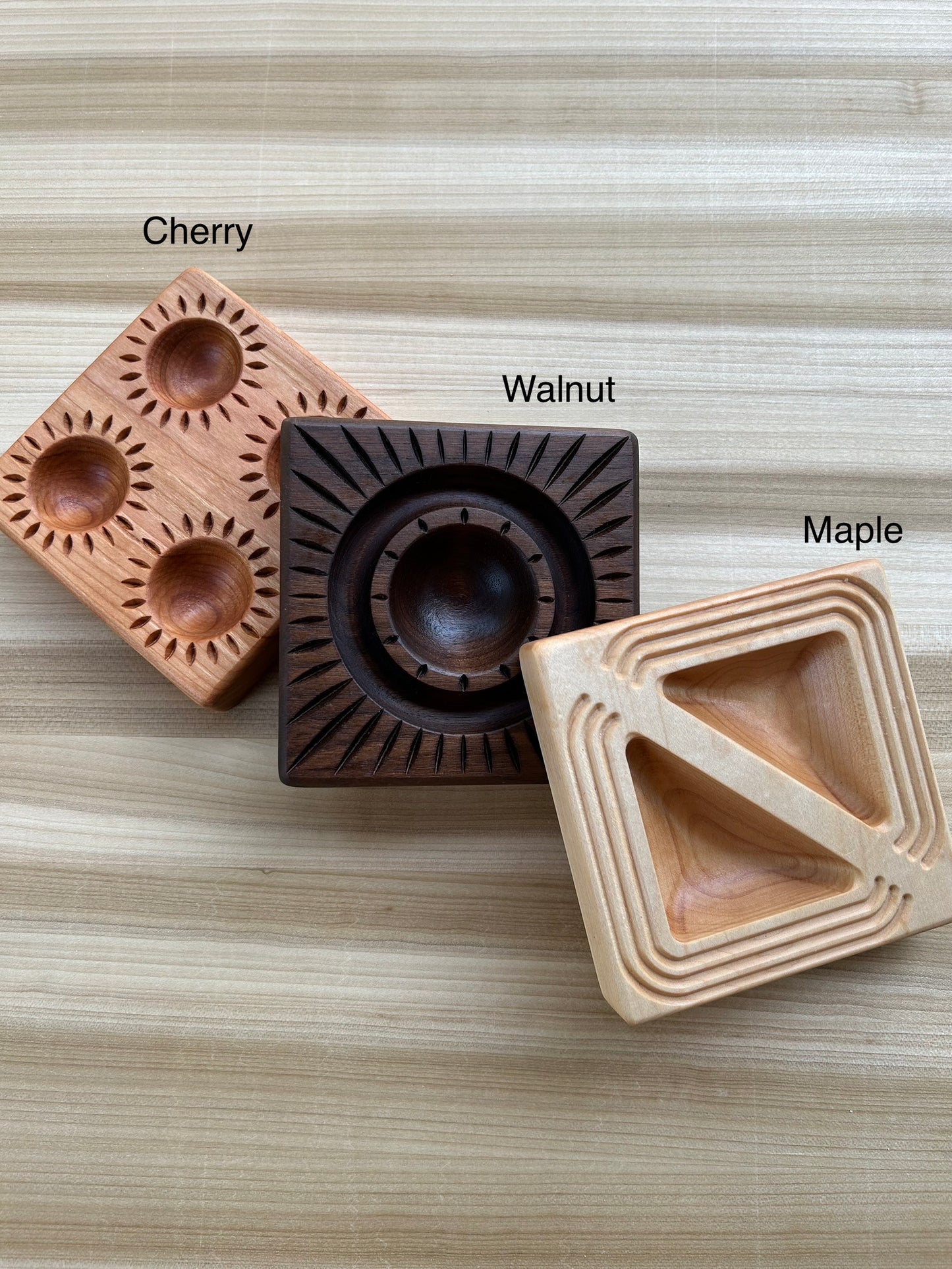 Sunburst ravioli molds, double sided. Maple, walnut & cherry