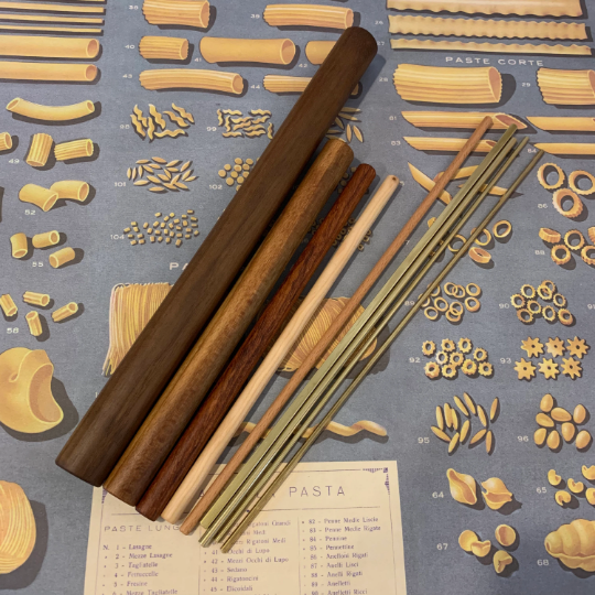 Pasta rolling pins, mini mattarelli, brass ferretto, 9pc