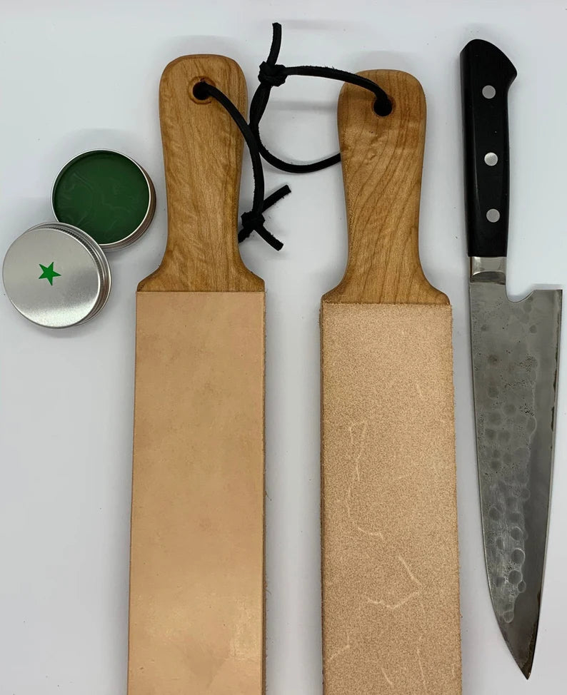 Leather knife strop, double sided, for kitchen, chef knives, razors